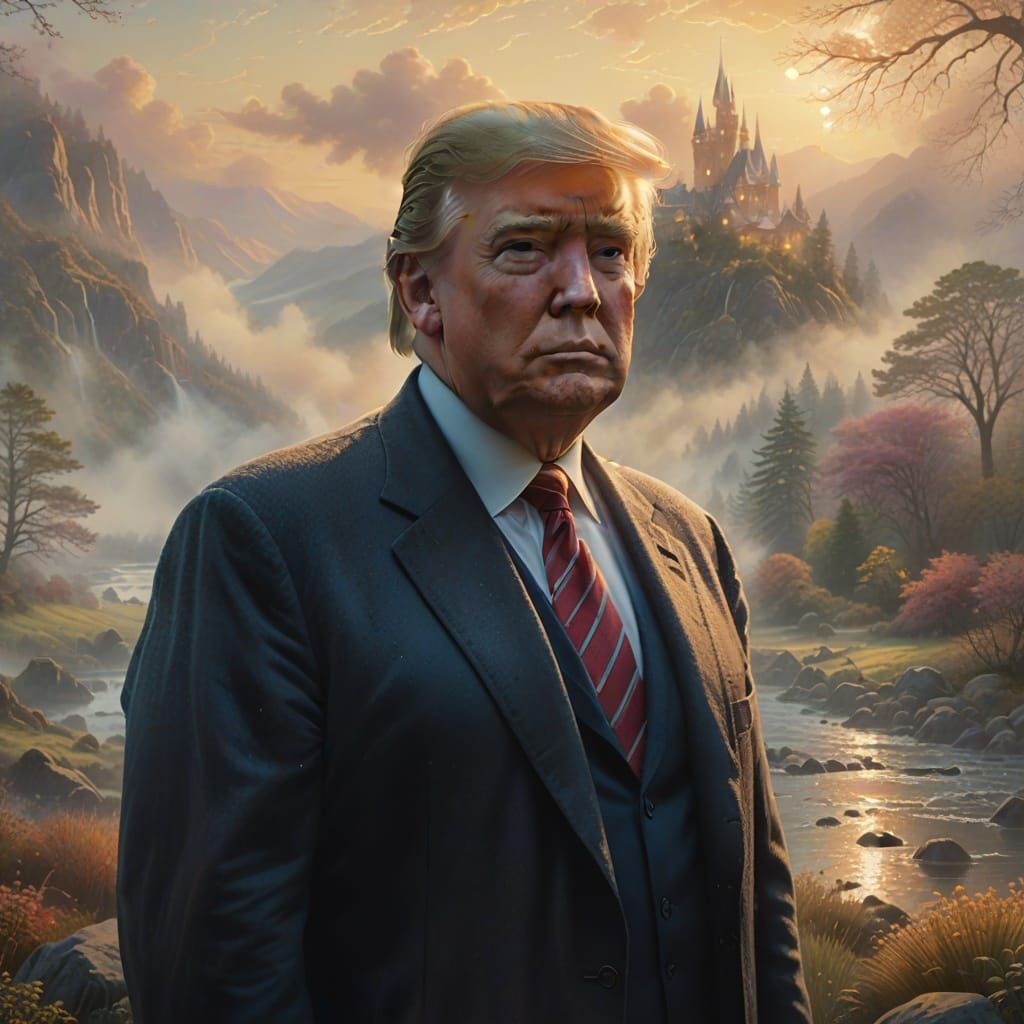 Trump in Ethereal Landscape, Kinkade Style