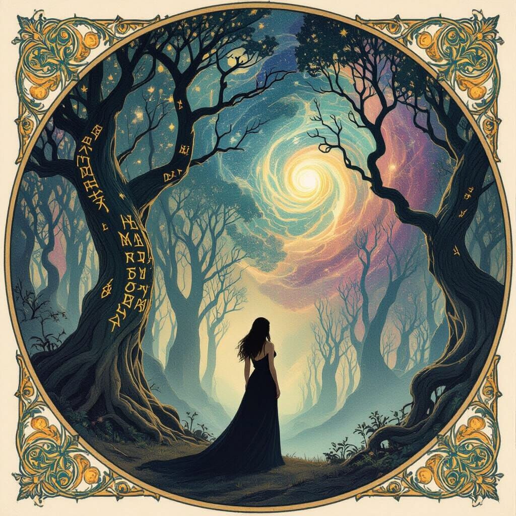 Woman at Forest Edge Under Cosmic Sky