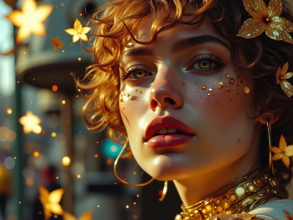 Golden Boy in Dynamic Scene with Golden Glowing Particles