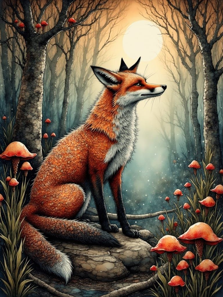 Majestic Fox in Ancient Forest, Ink Crosshatching Style