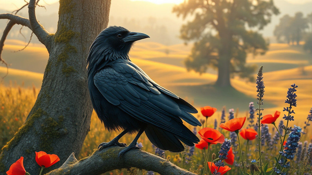 Crow in Dreamlike Landscape: Hyper-Realistic Art
