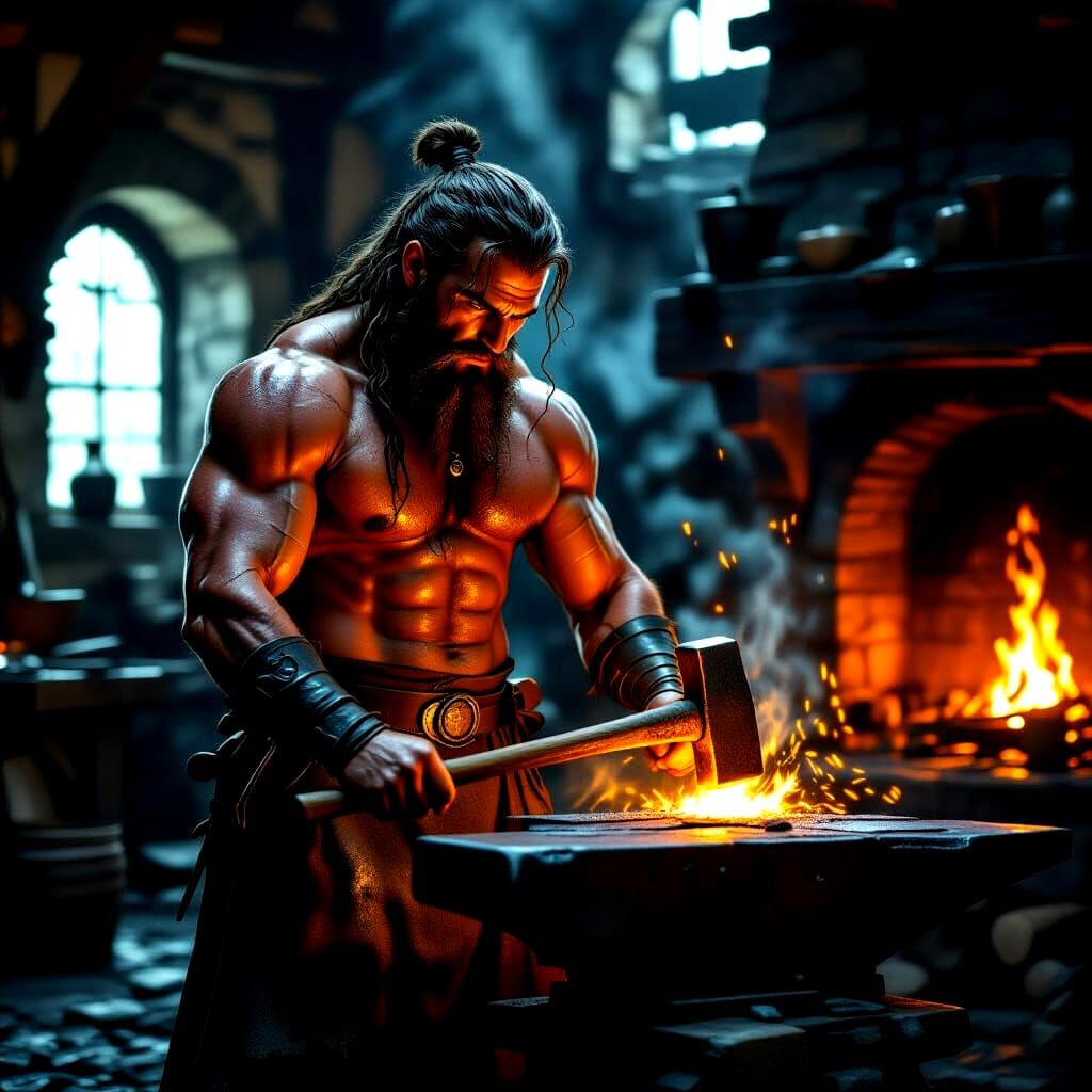 Medieval Blacksmith at Forge in Golden Light