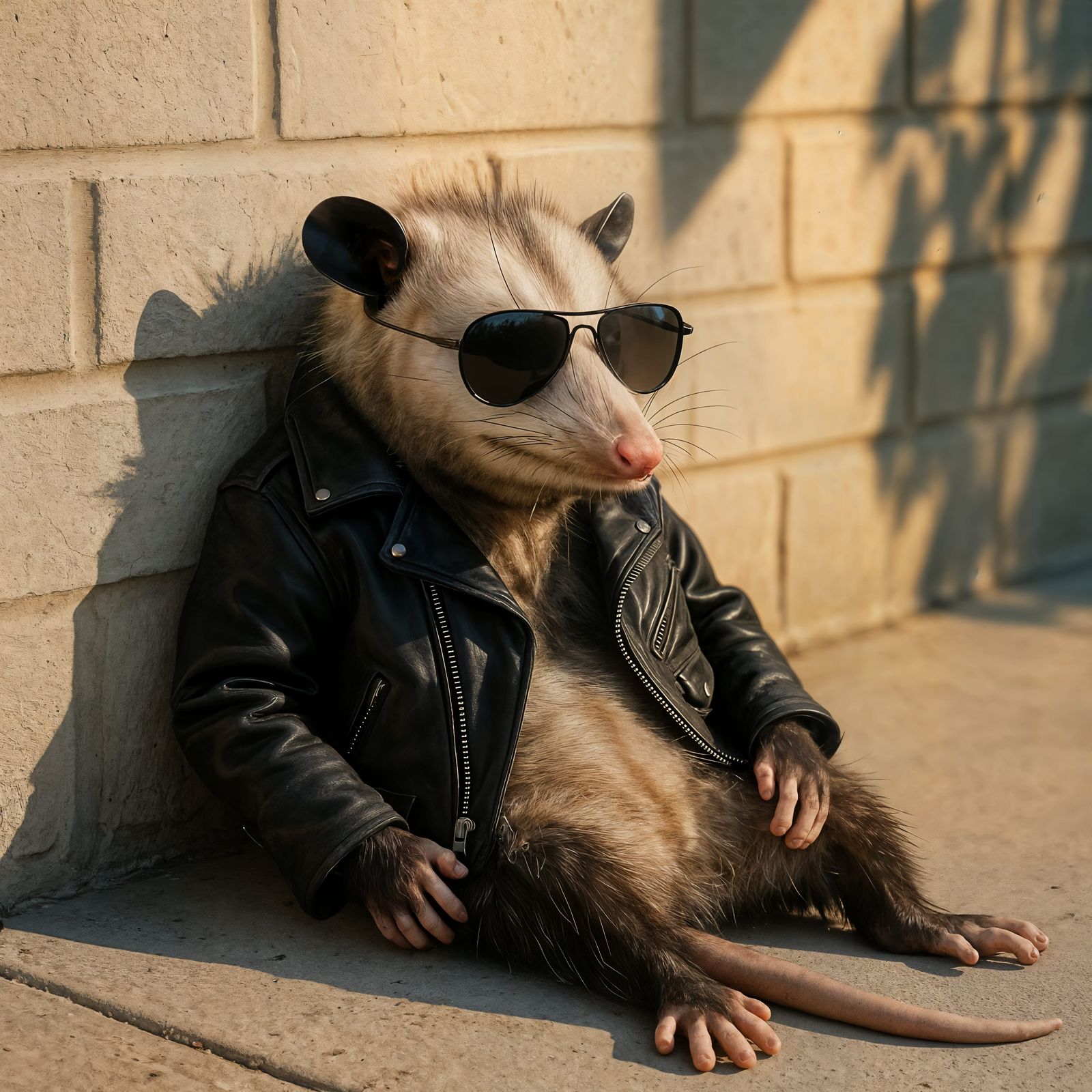 Cool Possum Lounging in Leather Jacket