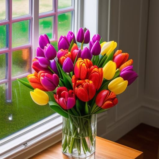 Vibrant Tulips in Glass Vase: Isometric Photograph