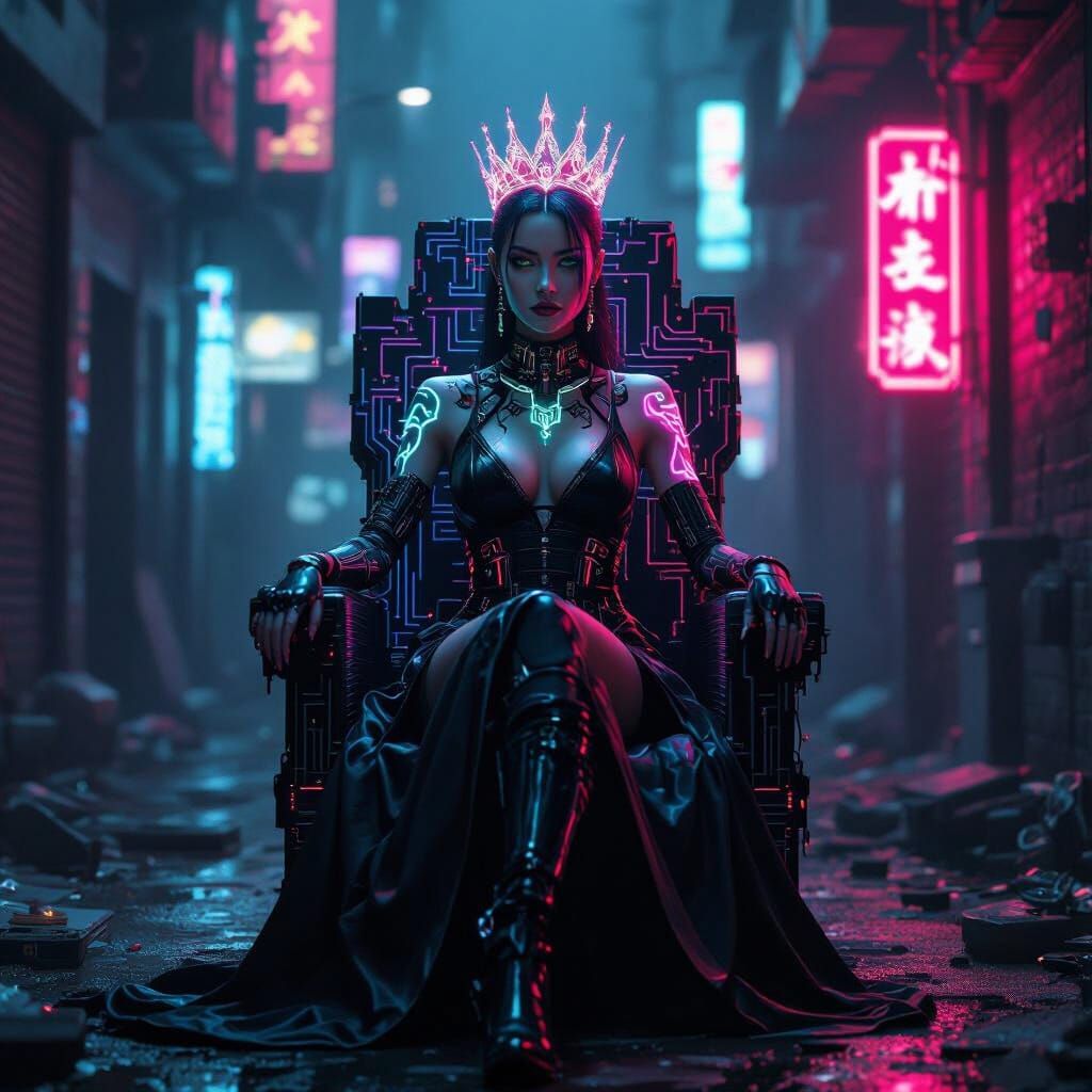 Cyberpunk Queen on Circuit Board Throne