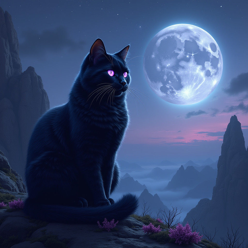 Mystical Black Cat with Purple Eyes at Dusk