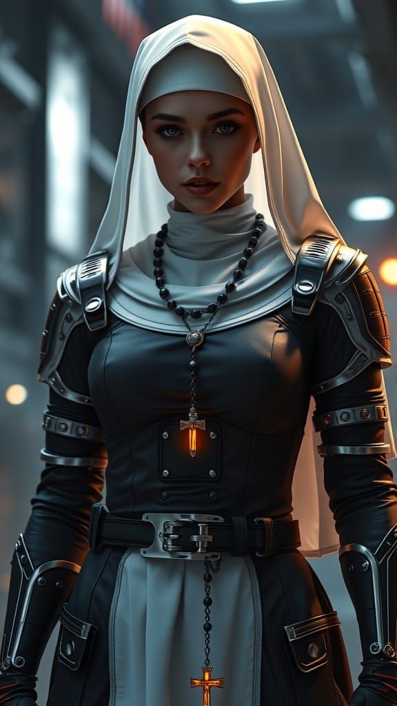 Futuristic Nun Warrior in Gritty Urban Setting