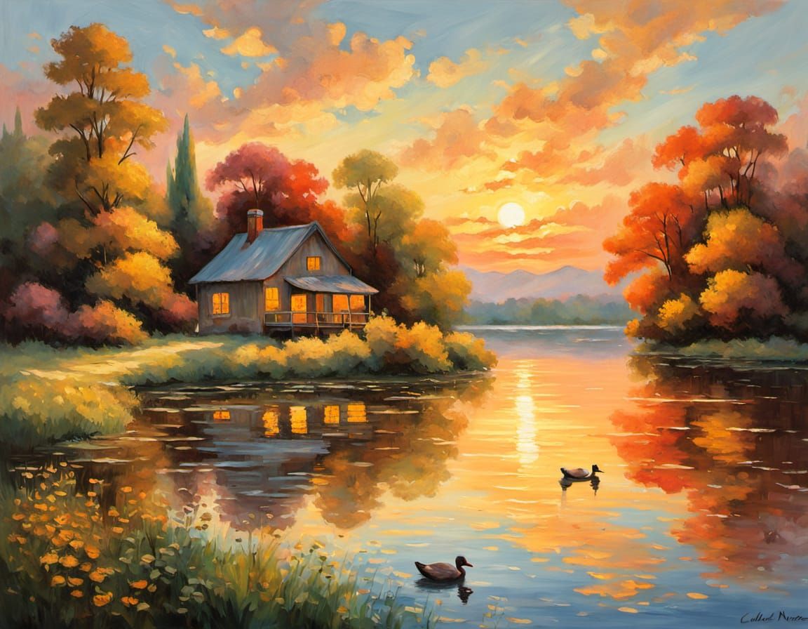 Surreal Sunset Landscape with Wooden Blockhouse and Swimming...