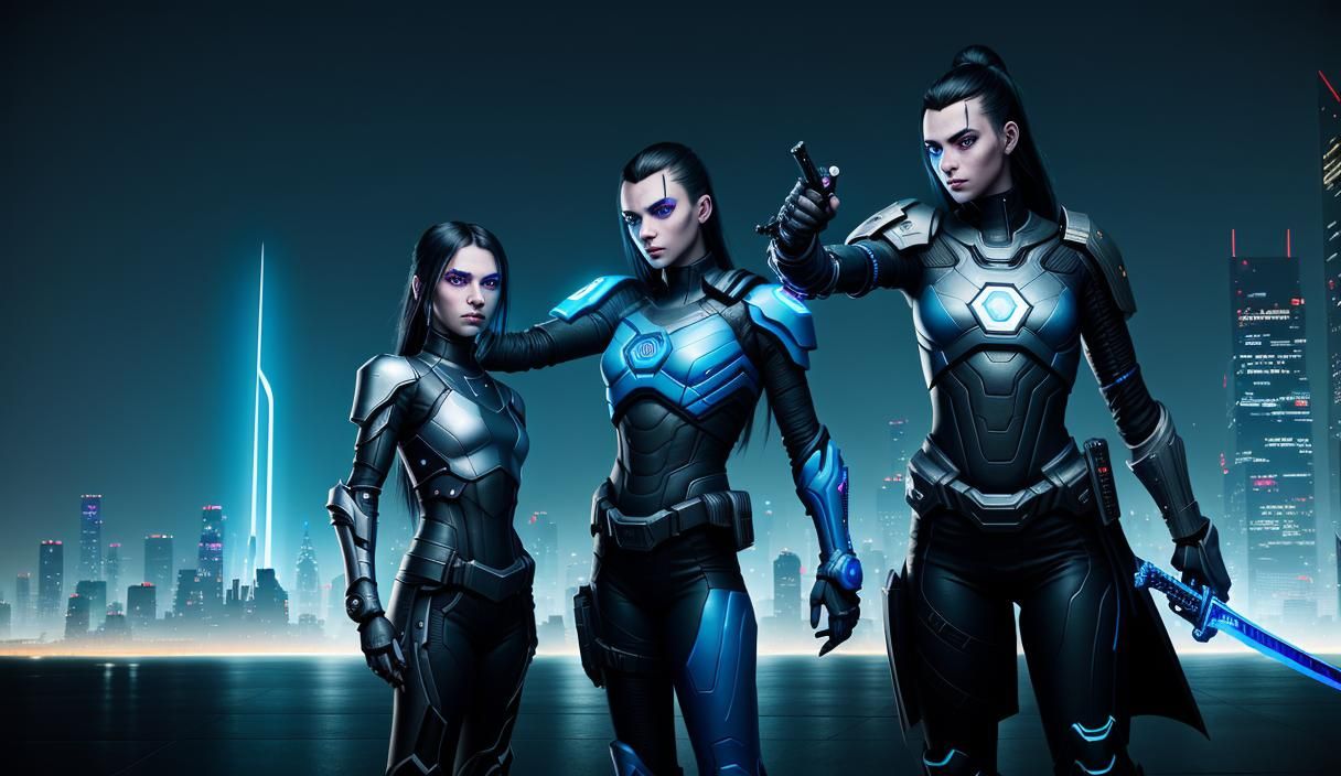 Cyberpunk Woman with Sword in Neon Cityscape