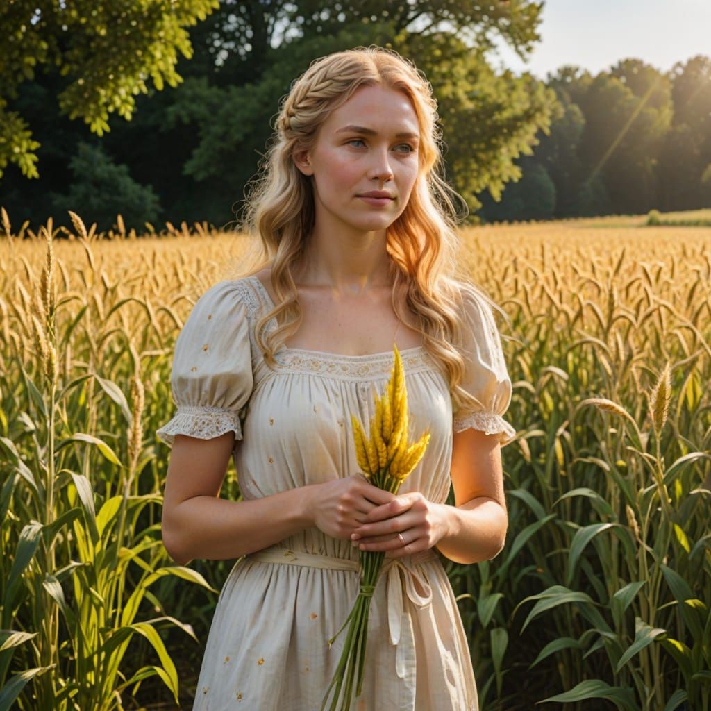 Golden Woman with Wheat in Sunshine