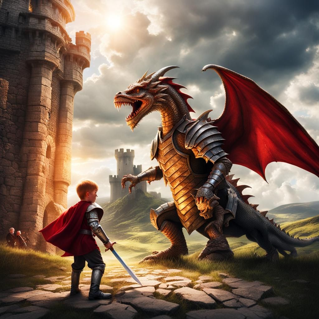 Knight and Squire Confront Dragon in Ruins