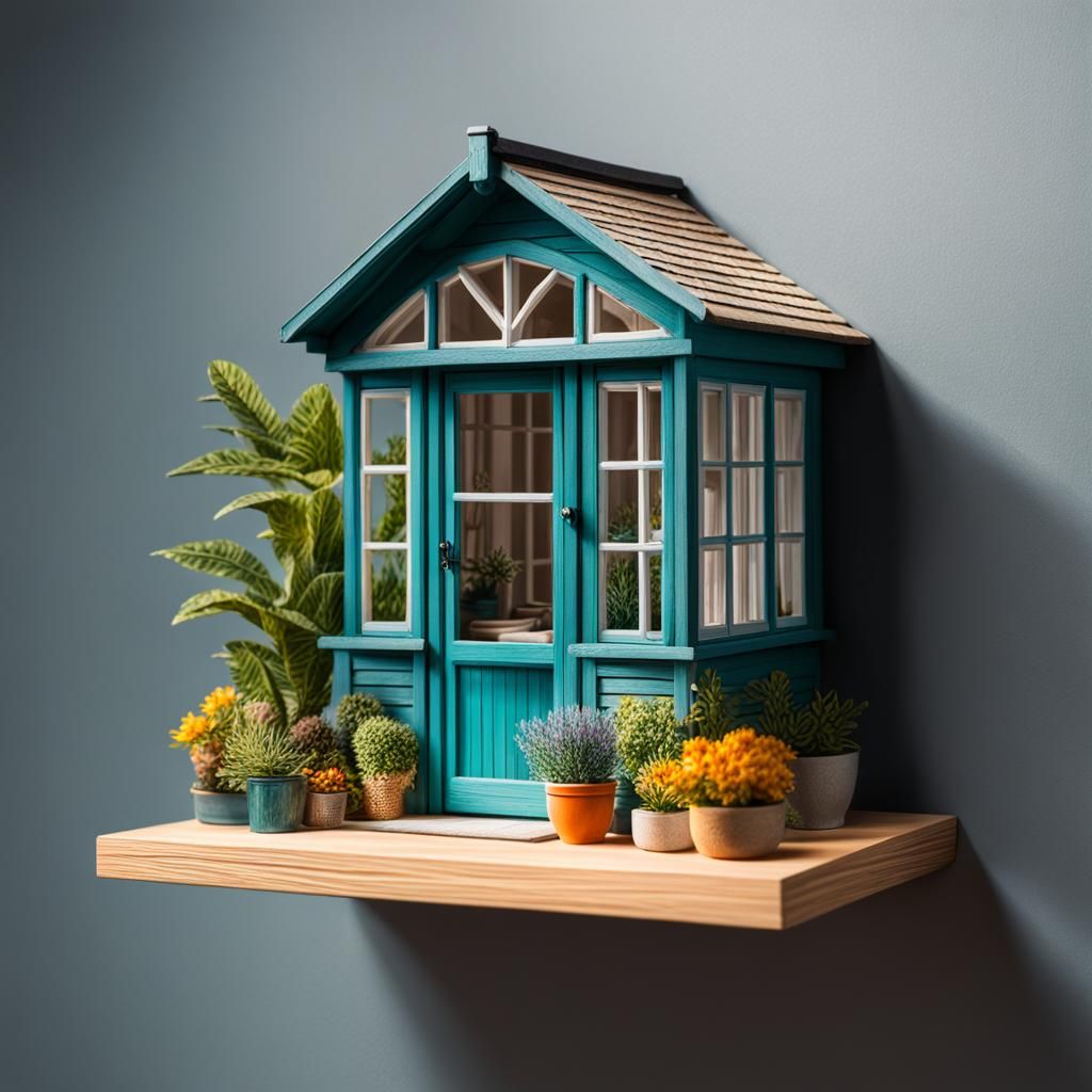 Hyperrealistic Miniature Summerhouse on a Shelf