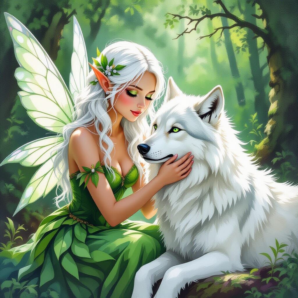 Fairy Petting Wolf in Woods, Gouache & Watercolor Style