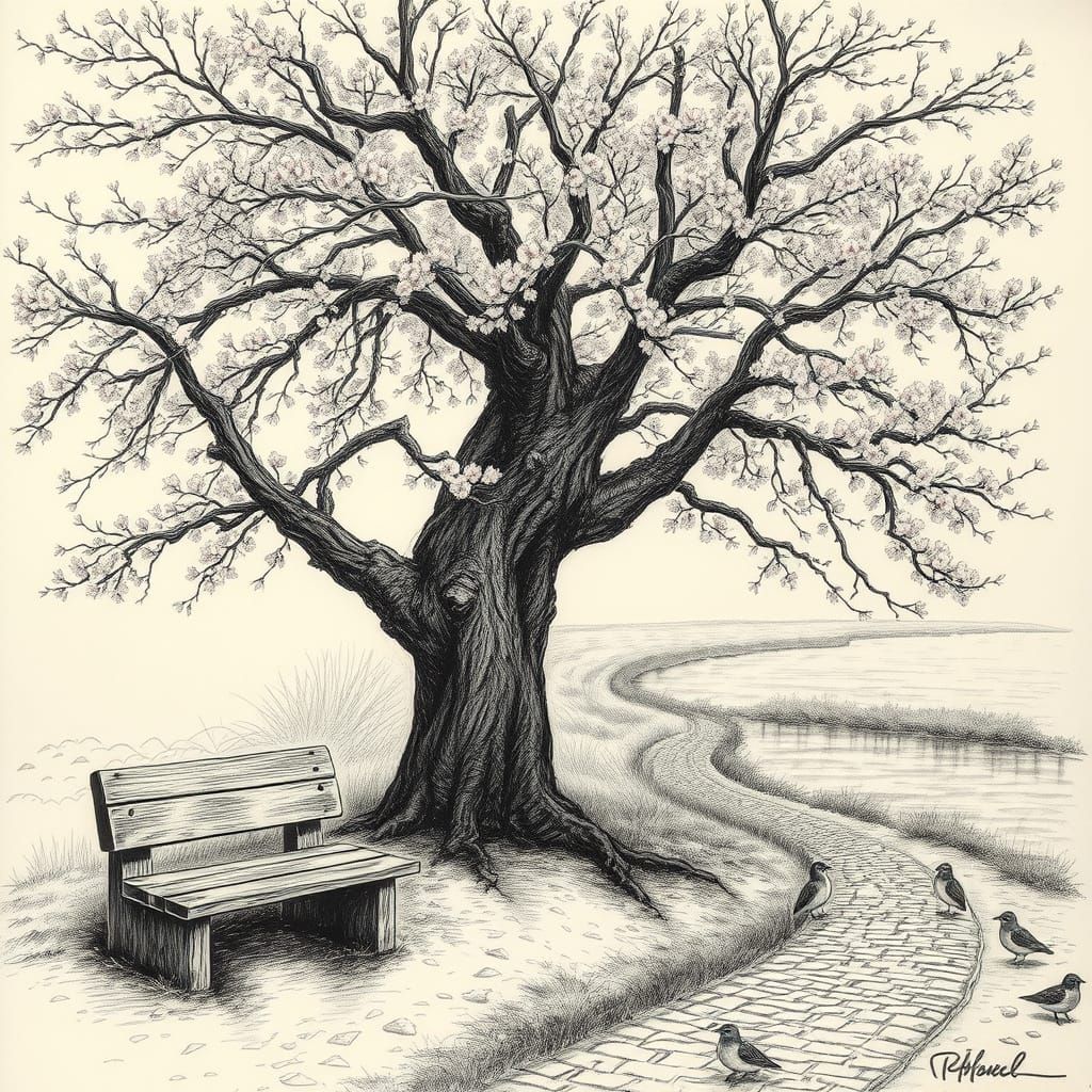 Plum Tree Charcoal Drawing with Flowers and Seat