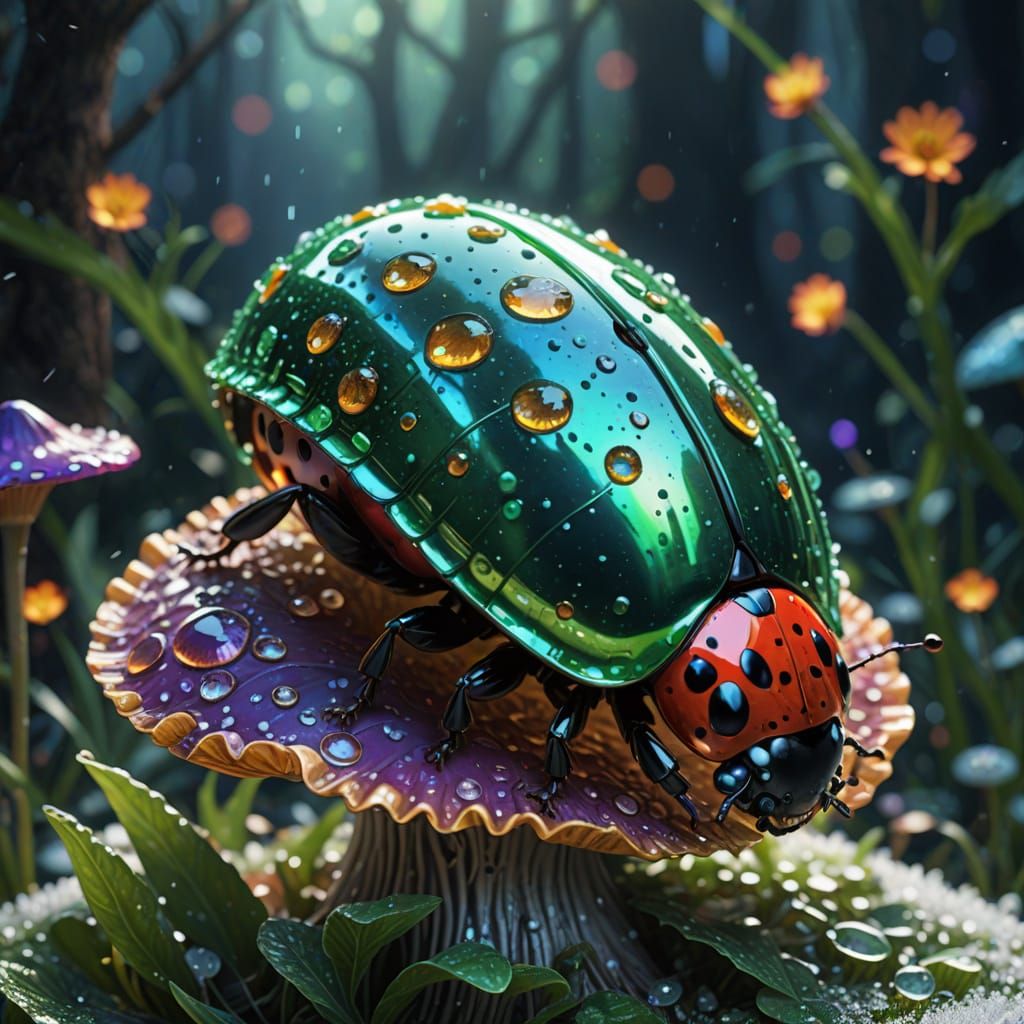Emerald Ladybug in Vibrant Fantasy Landscape
