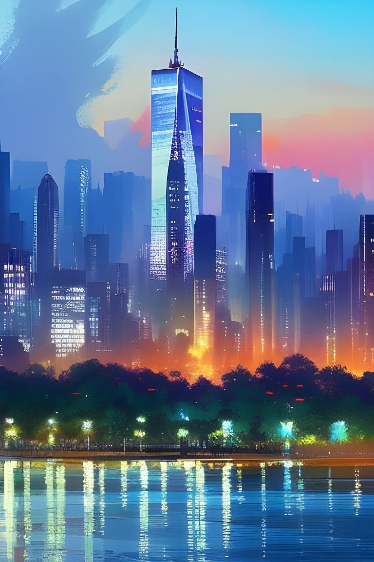 Majestic New York Sunset in Anime Style