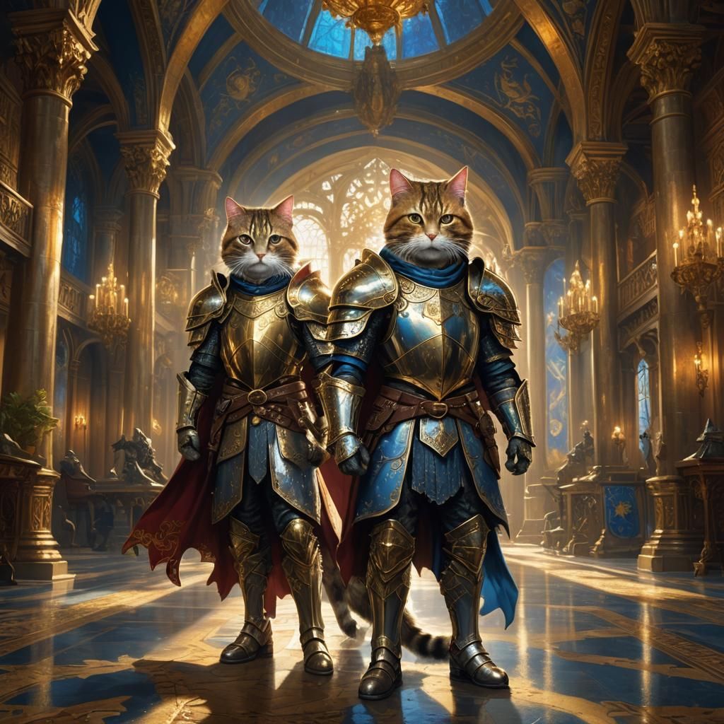 Armored Cat Knight in Ornate Hall