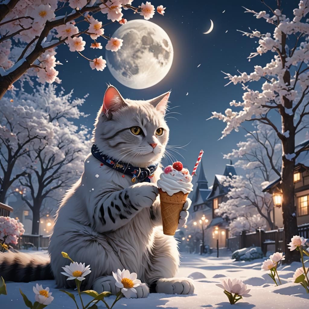 Cat Enjoys Ice Cream Under Moon in Snowy Winter