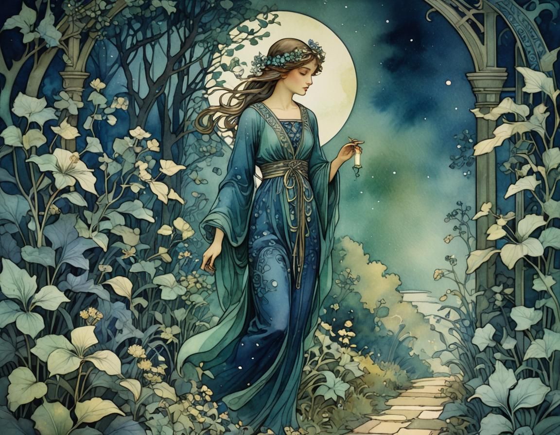 Moonlit Garden Path in Art Nouveau Style