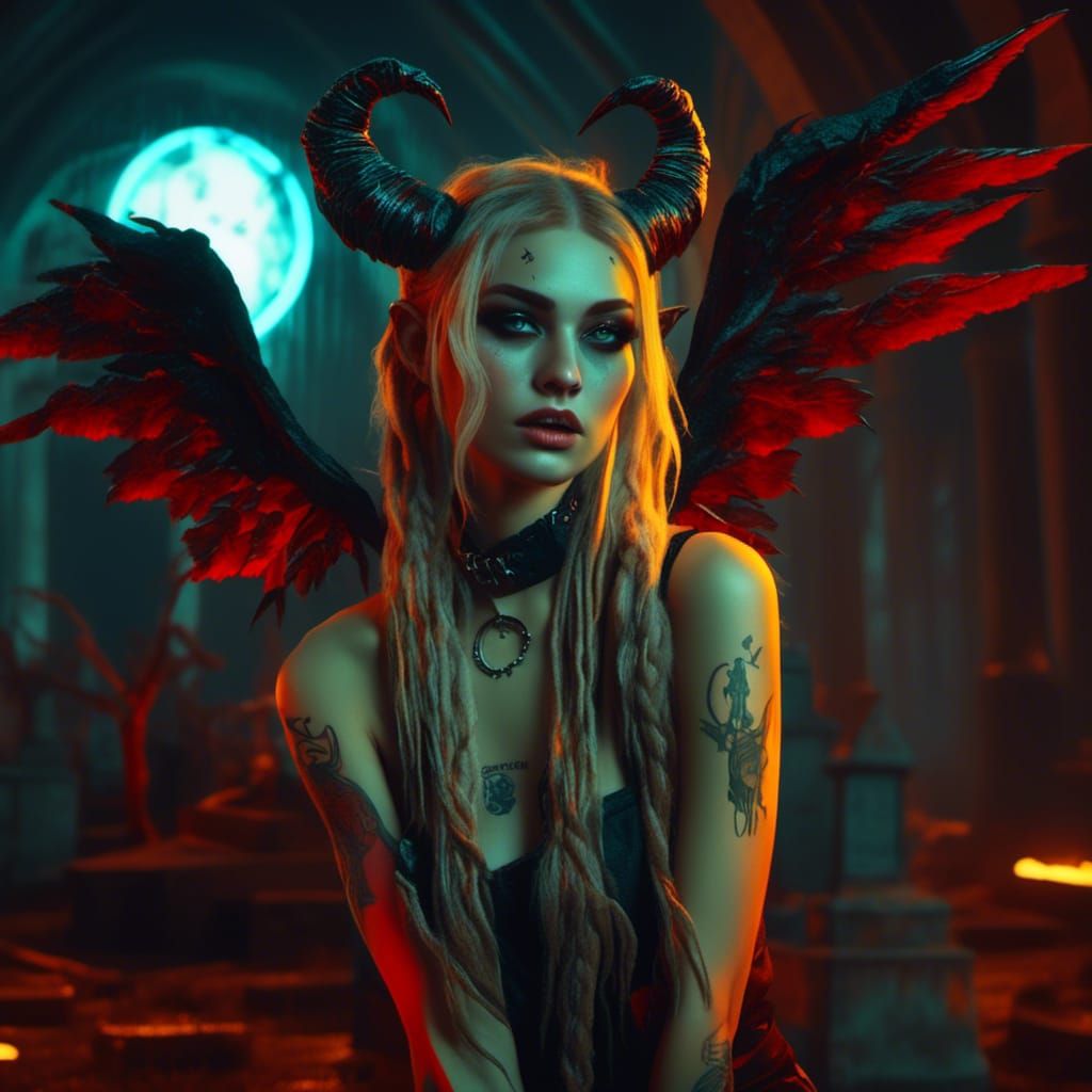 Cyberpunk Demon with Horns and Tattoos in Cemetery