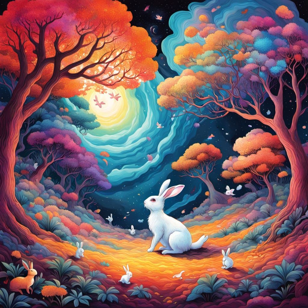 Psychedelic Wonderland Alice Chasing White Rabbit Painting