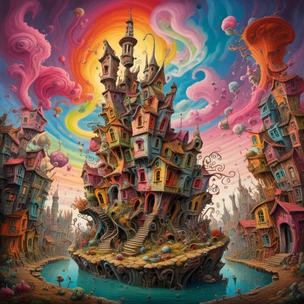 Surreal Landscape with Wonky Castle and Floating Fairies