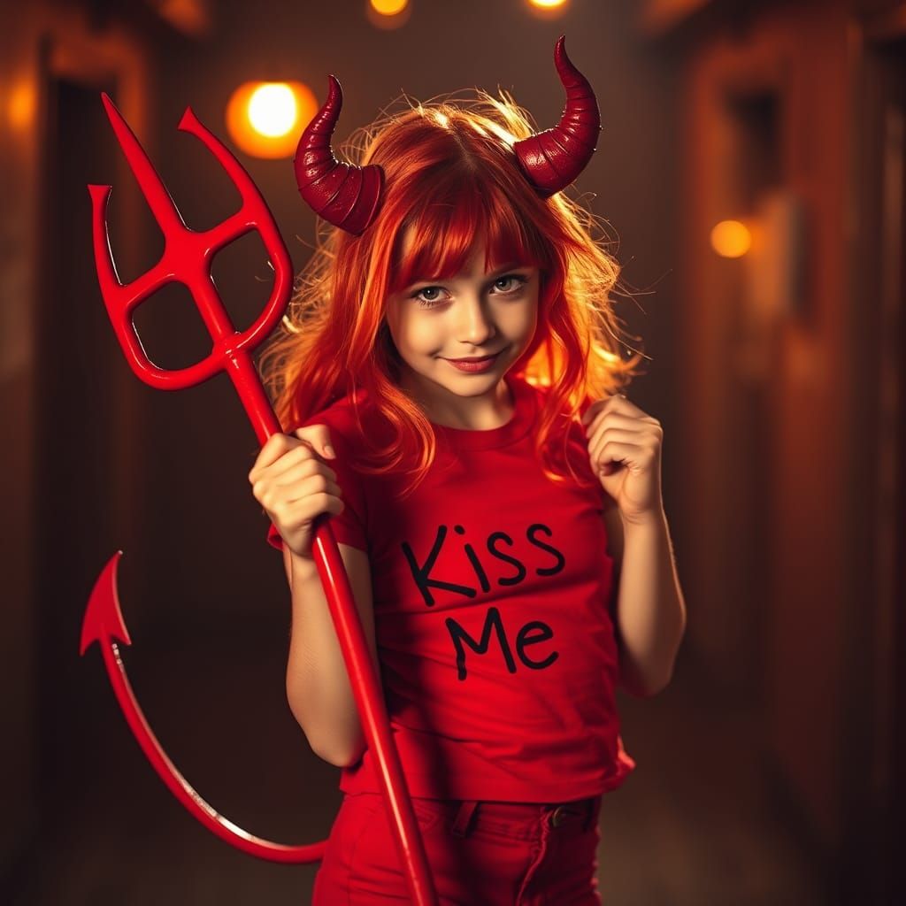 Playful Devil Girl Portrait in Editorial Style