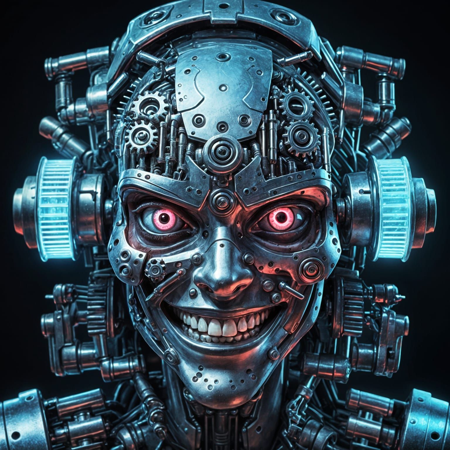 Mechanical Woman Grinning with Razor Teeth