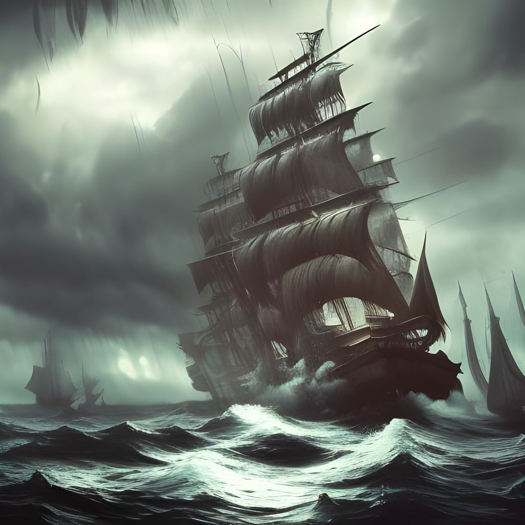 Pirate Ship Sailing Through Stormy Seas
