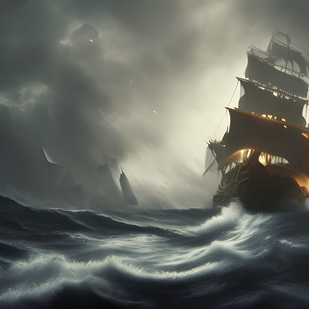 Pirate Ship Navigates Stormy Seas in Detailed Matte Painting