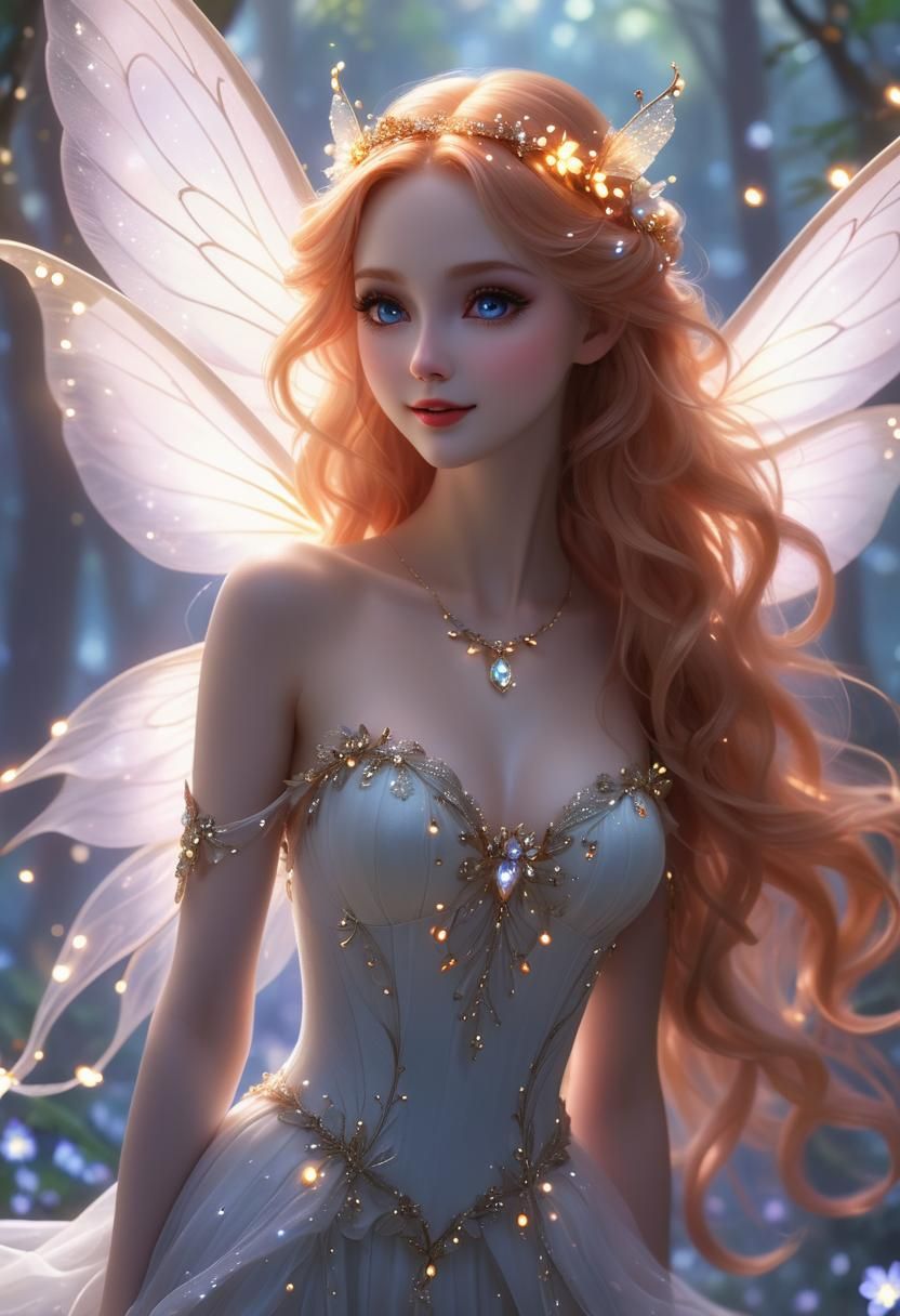 Pale Fairy Surrounded by Fireflies in Ethereal Light