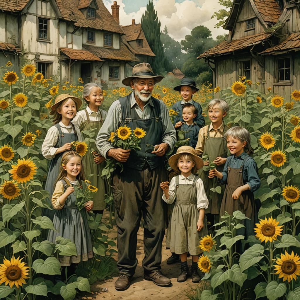 Grandfather and Grandchildren Admire Sunflowers