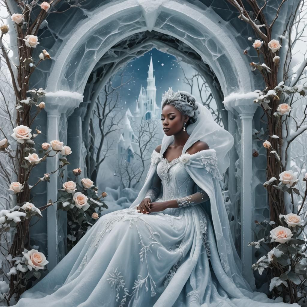 African Snow Queen in Ice Castle with Blowing Snow