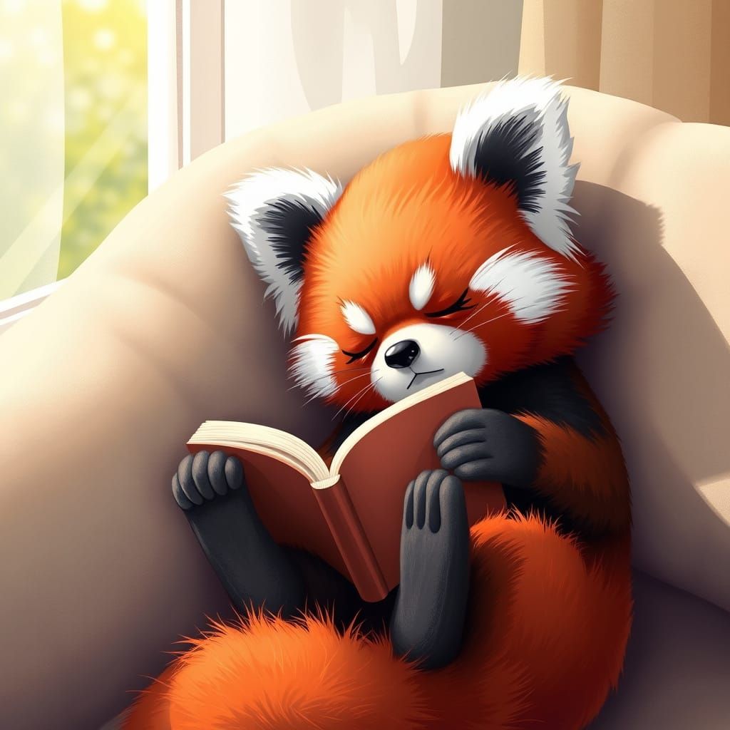 Cute Red Panda Reading a Book: Pastel Illustration
