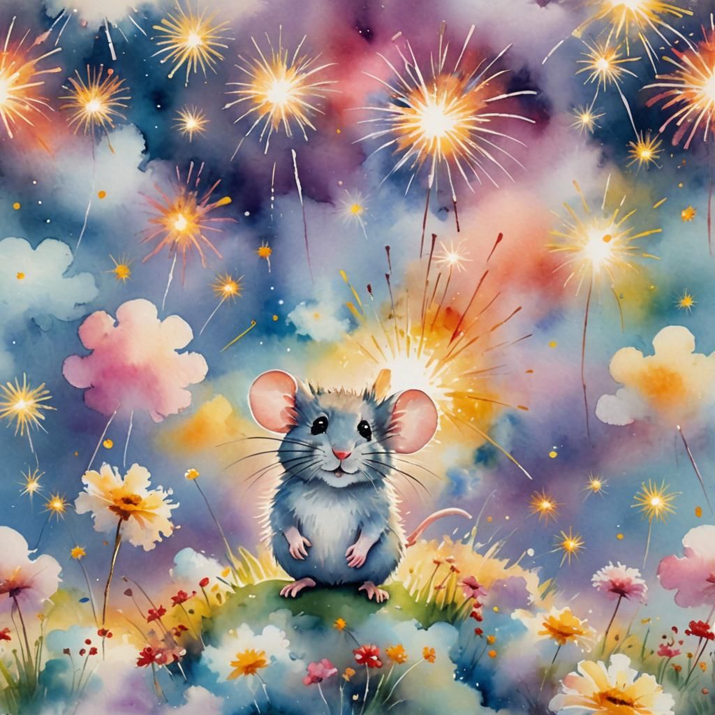 Magical Mouse Concert Amidst Fireworks, Watercolor Style