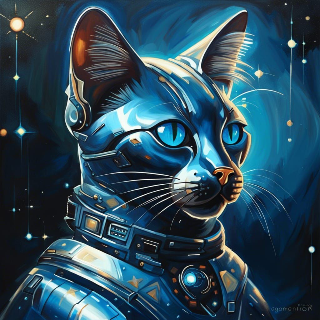 Metallic Cat Portrait in Retro-Futuristic Atompunk Style