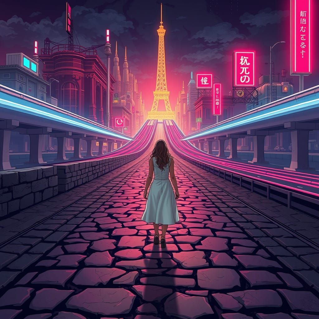 Neon Futurism Meets Ancient Stone in a Haunting Intersection