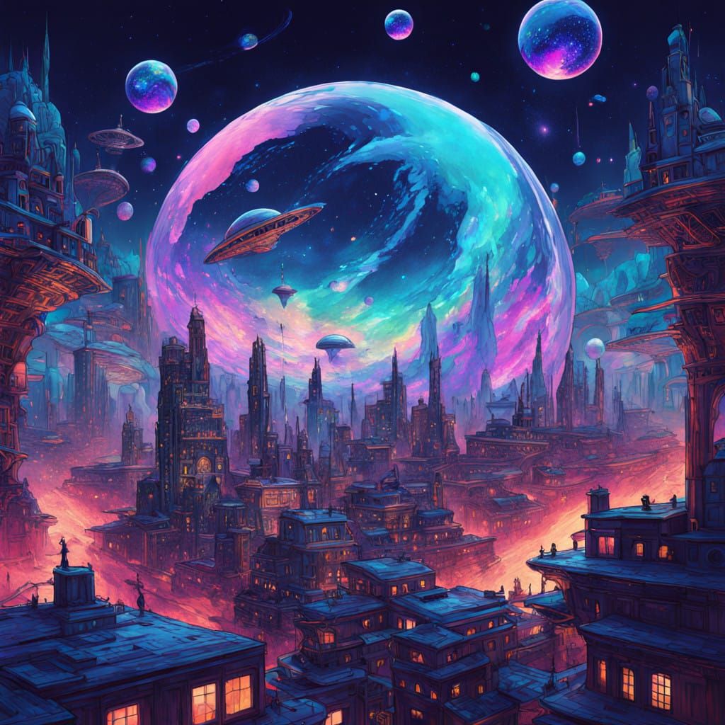 Cosmic Metropolis in Vibrant, Surreal Hues