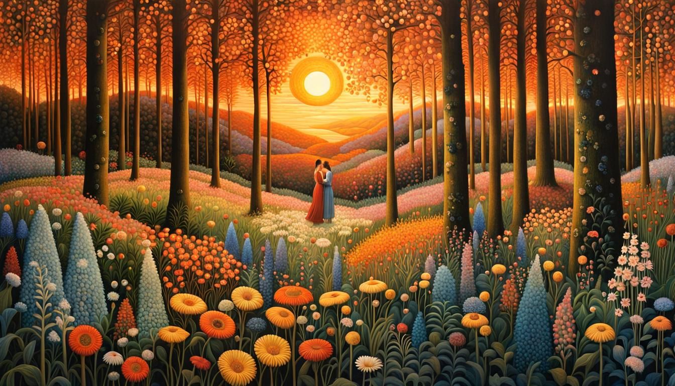 Sunset Woman in Floral Forest, Magic Realism Style
