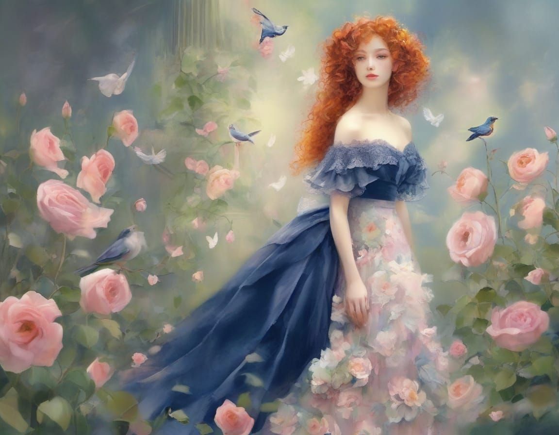 Romantic Woman in Victorian Gown with Flowers