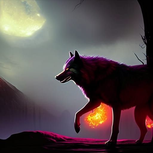 Fiery Black Wolf in Epic Digital Painting