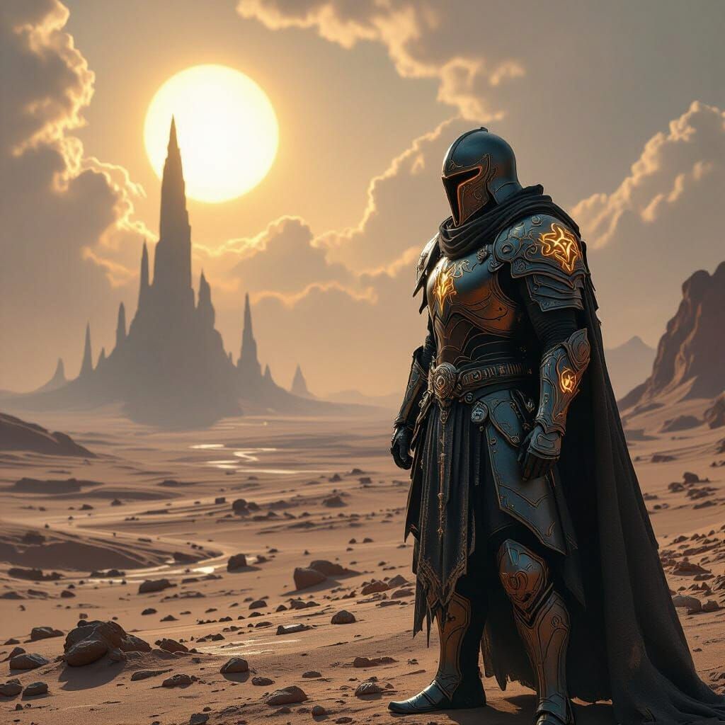 Stoic Warrior on Alien Planet Under Twin Suns