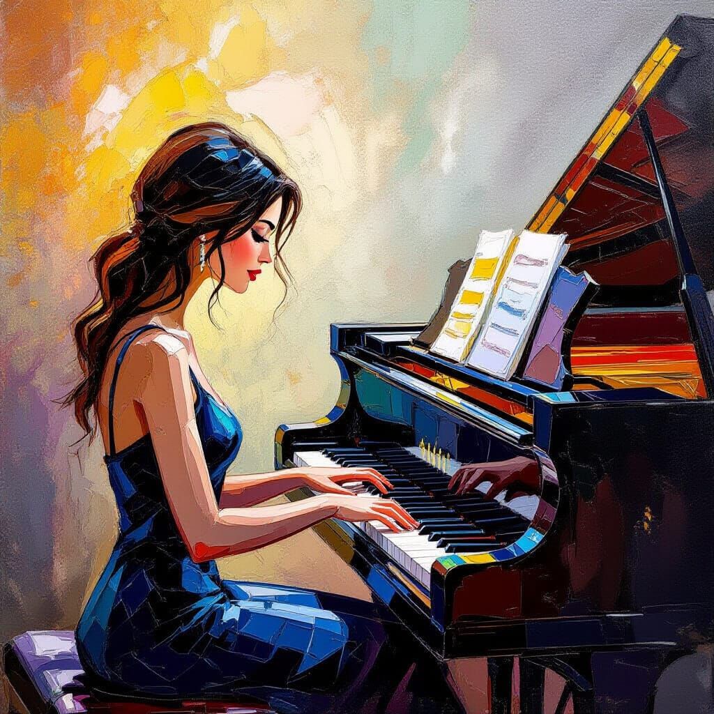 Expressionist Piano Player in Impasto Oil Painting