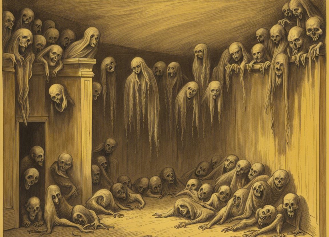 Creepy Drawings on Yellow Wall in Horror Style