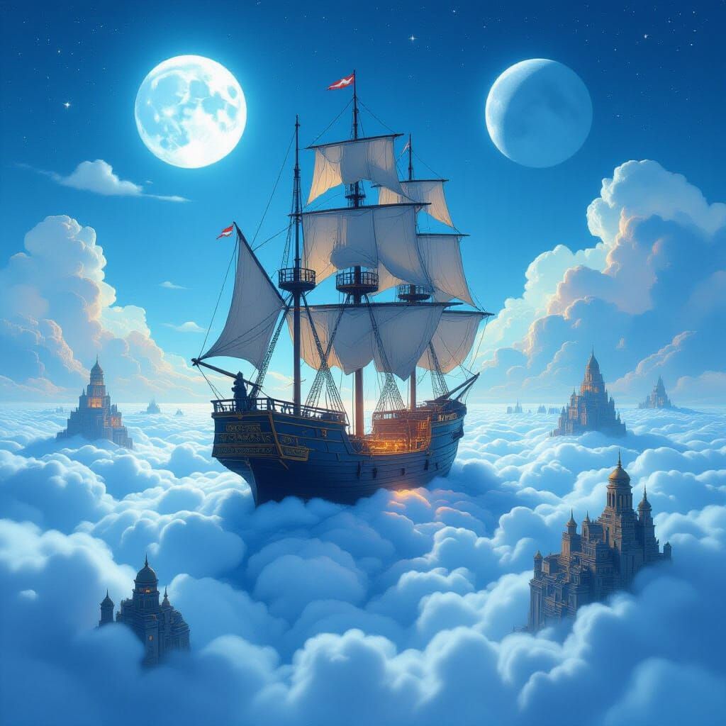 Majestic Tall Ship in Cloud Sea Under Two Moons