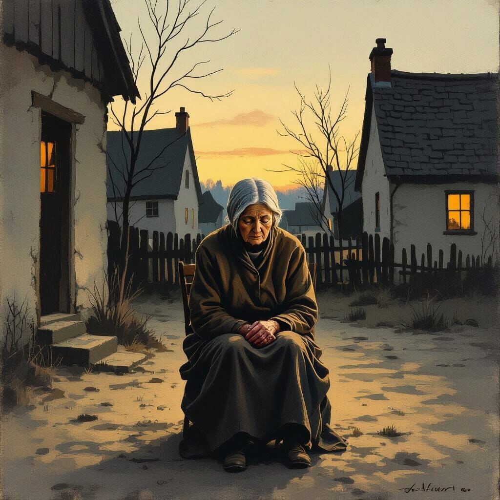 Sad Old Woman in Quiet Village Home