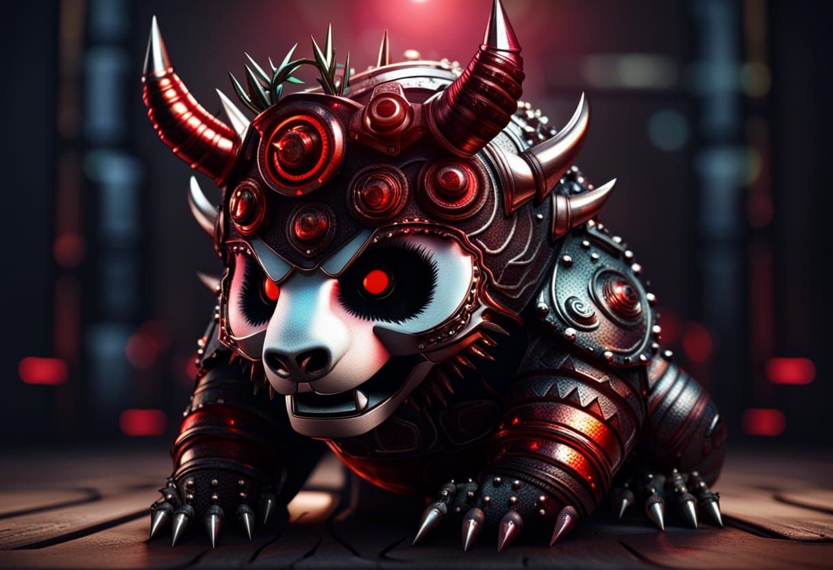 Evil Metal Panda with Red Eyes in Cosmic Style