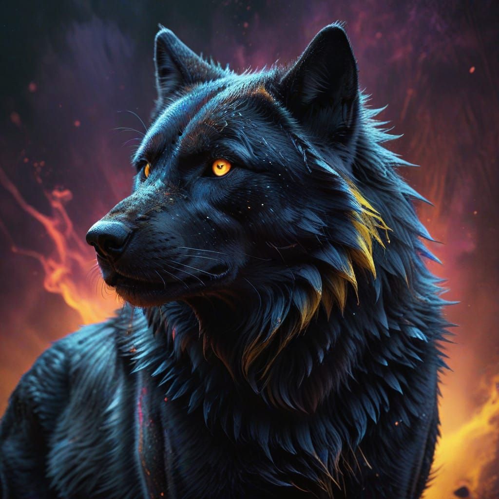 Majestic Black Dire Wolf in Hyperrealistic Splash Art