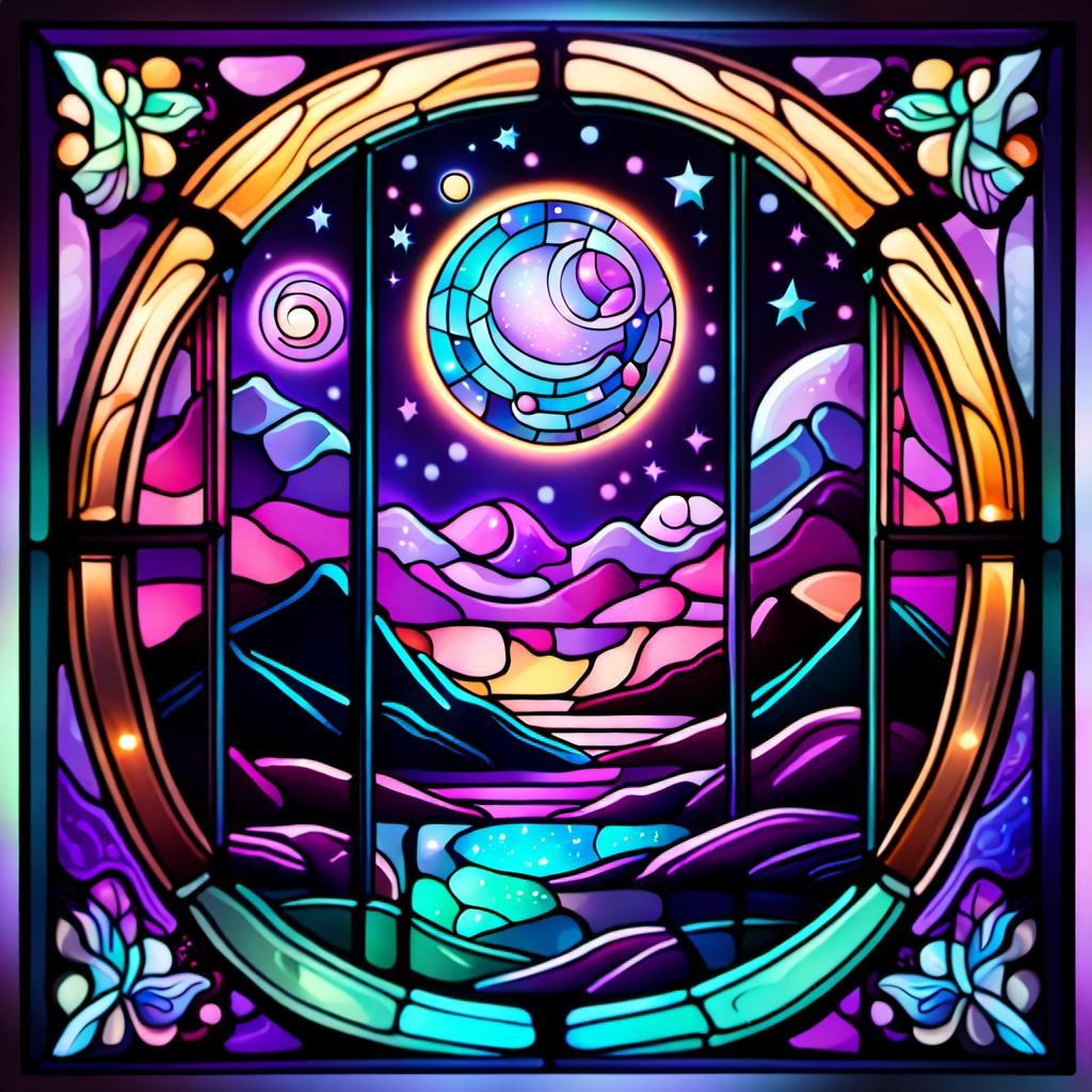 Stained Glass Cosmic Landscape in Neon Colors
