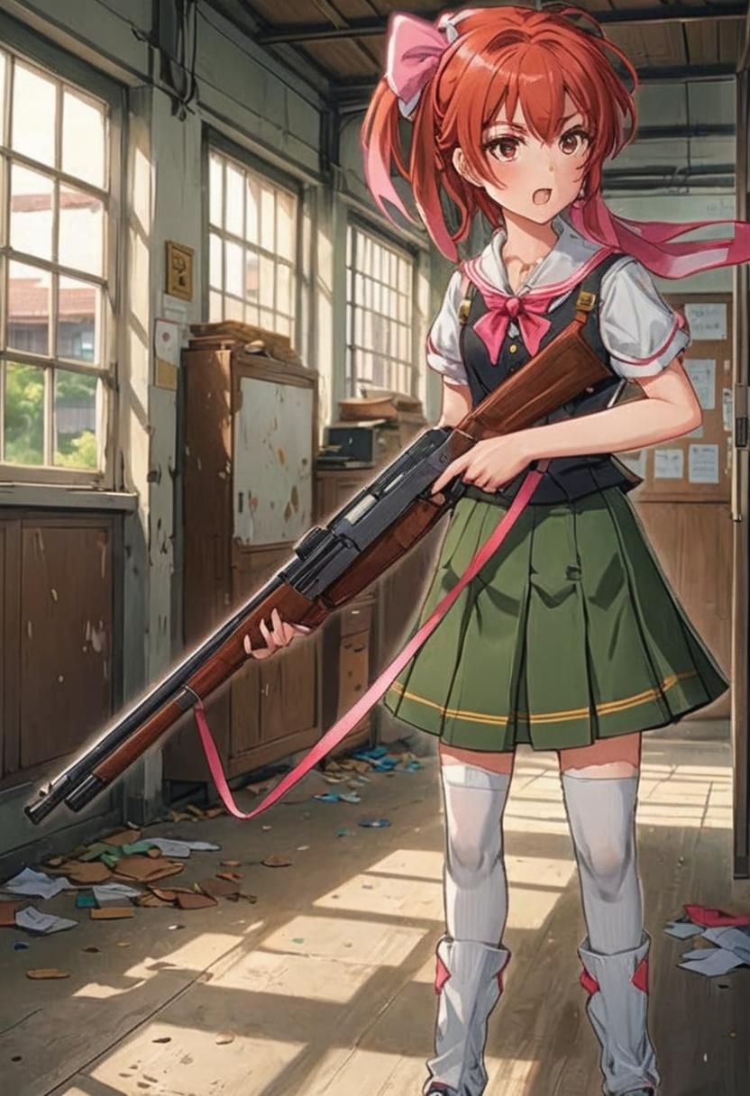 Angry Schoolgirl with Shotgun in Anime Style